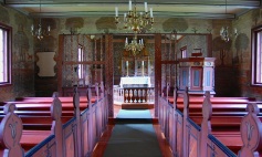 Interior of the Flåm Church, 1677, still in use, now in Lunden, Norway.